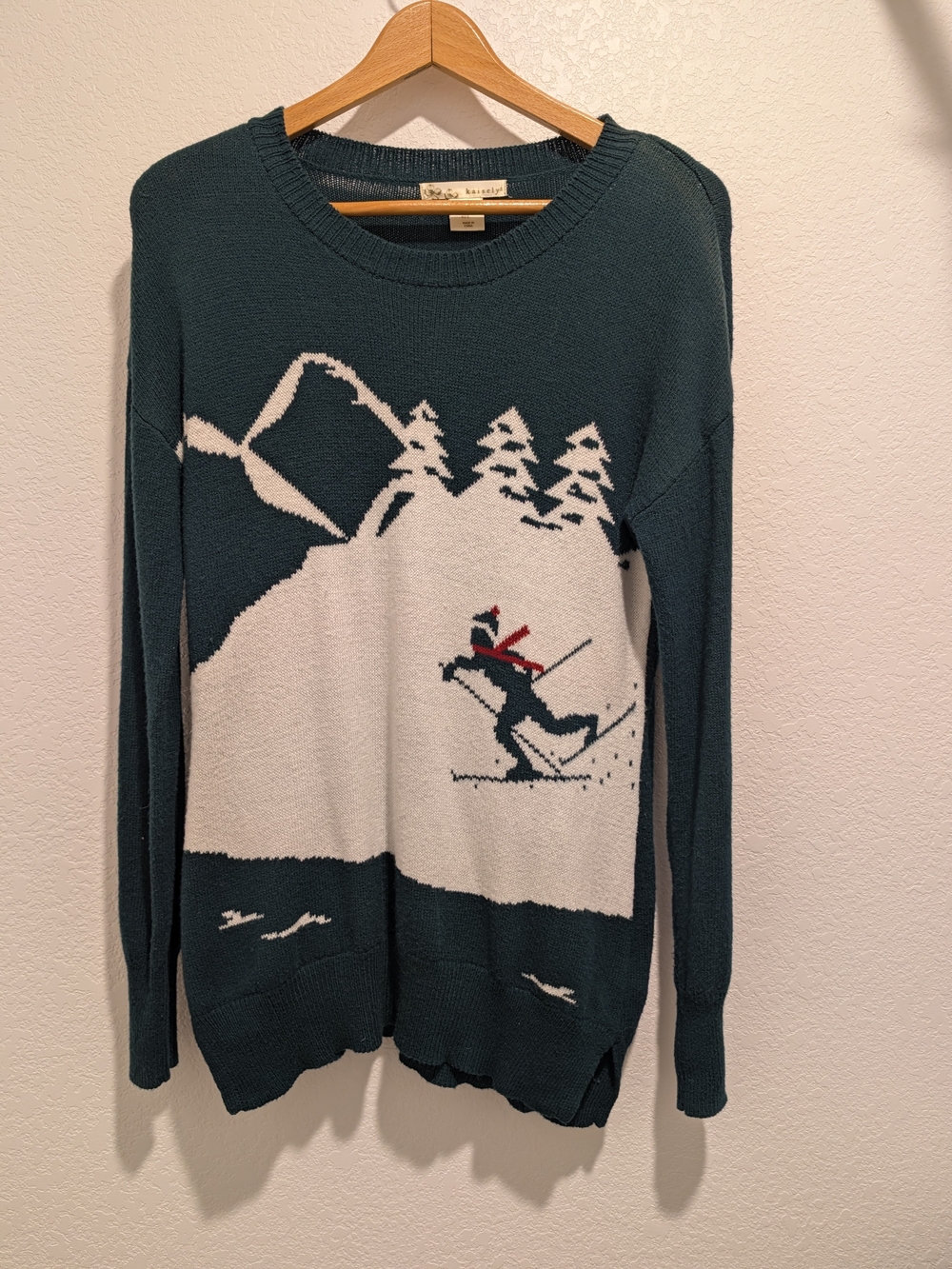 Kaisely Vintage-Style Knit Ski Scene Sweater - Dark Teal & White Womens Small